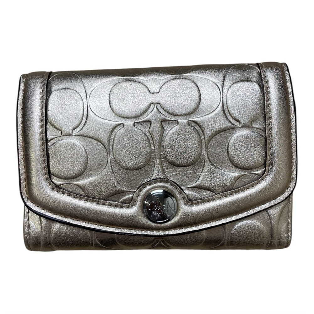 Shiny Metallic Gold Coach Signature Trifold Wallet